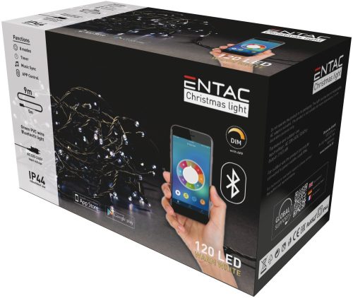 ENTAC Karácsonyi IP44 fényfüzér 120 LED WW 9m BT applikáció