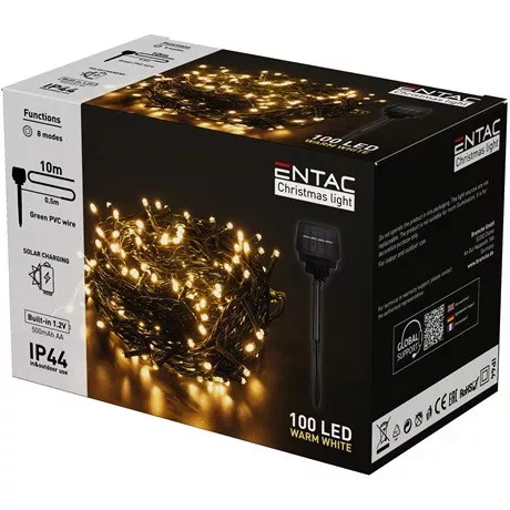 ENTAC Karácsonyi IP44 100 LED füzér WW 10m leszúrható napelemes konzollal