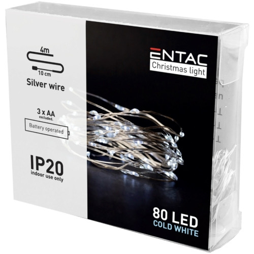 ENTAC Karácsonyi beltéri drótfüzér 80 LED CW 4m (3AA-nem tartozék)