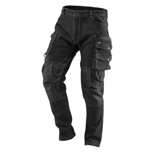 Neo Tools Farmer Munkásnadrág, DENIM, fekete, 98% pamut, térdvédő zseb, gombos oldalzsebek, 255 g/m2, L