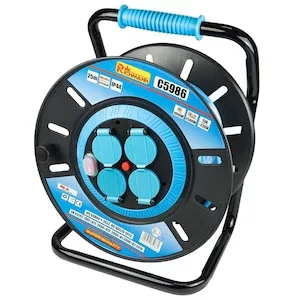Hosszabbító kábeldobon, 3x1,5 gumi vezeték - 25m, 4db aljzat; dobátmérő: 250mm; IP44