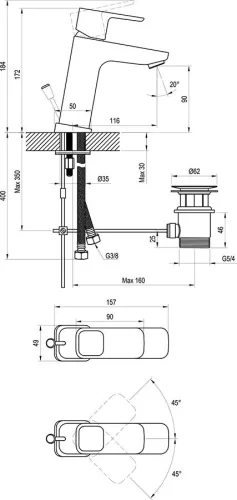 Ravak 10° TD 013 álló 170mm-es mosdócsaptelep leeresztővel